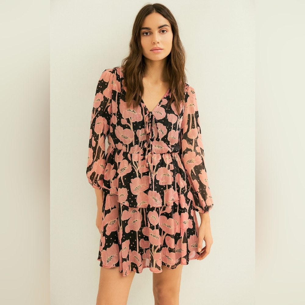 Ted Baker London Women’s Pink Floral Long Sleeve Mini Dress Size 0 XS Boho Chic
